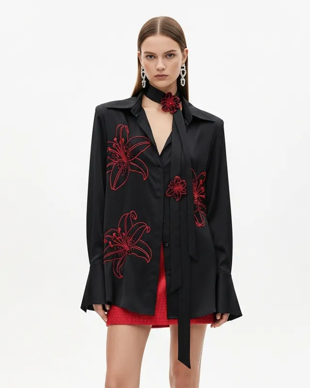 Floral Embroidered Satin Shirt – Black sold by JW PEI
