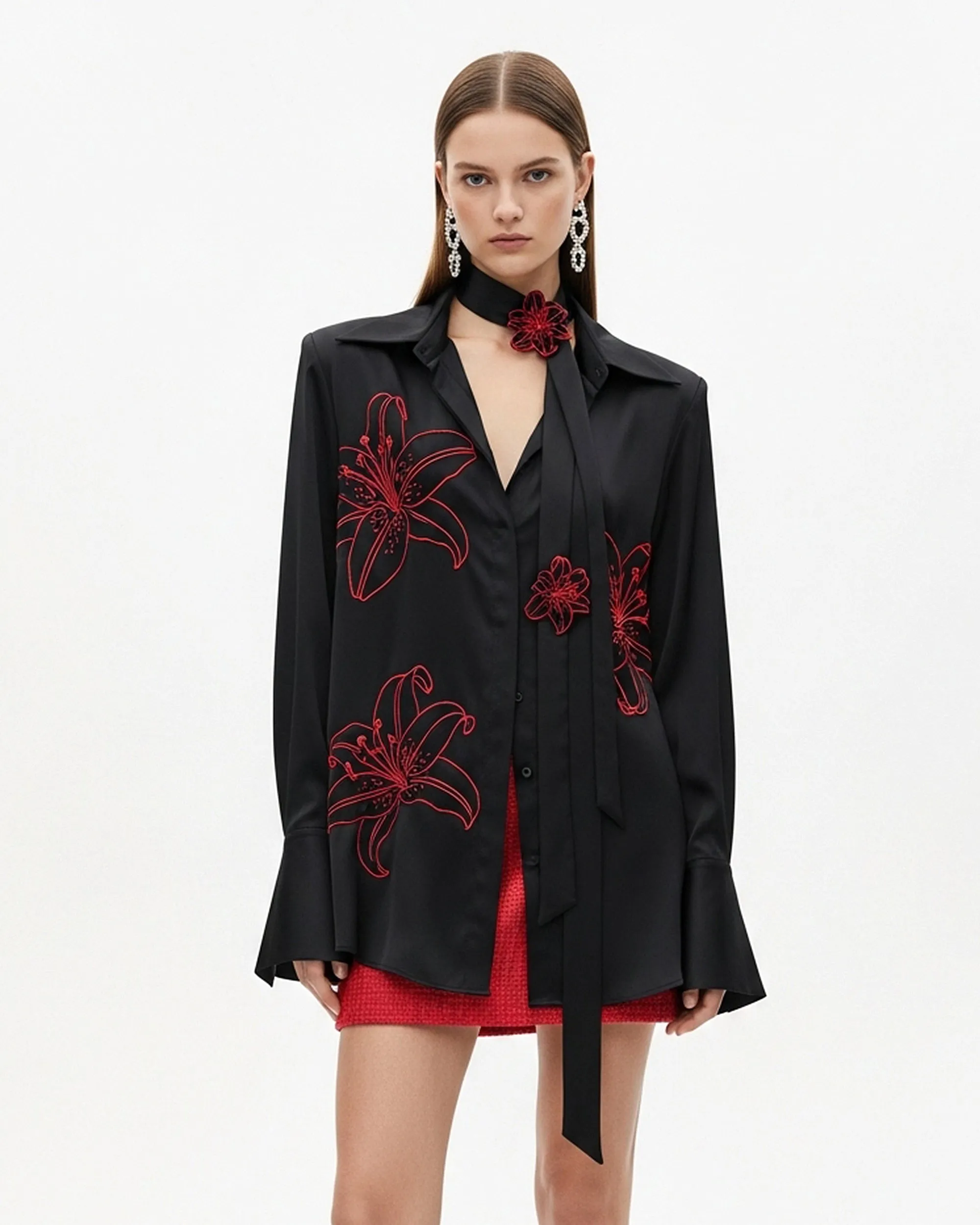 Floral Embroidered Satin Shirt – Black sold by JW PEI