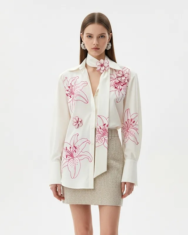 Floral Print Scarf Detail Shirt – White sold by JW PEI