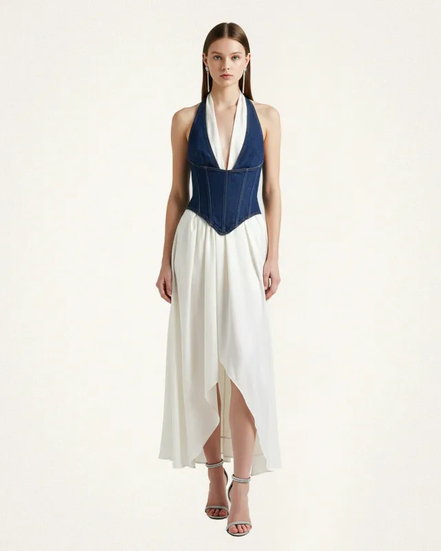 Denim Corset Halter Dress – White Blue sold by JW PEI