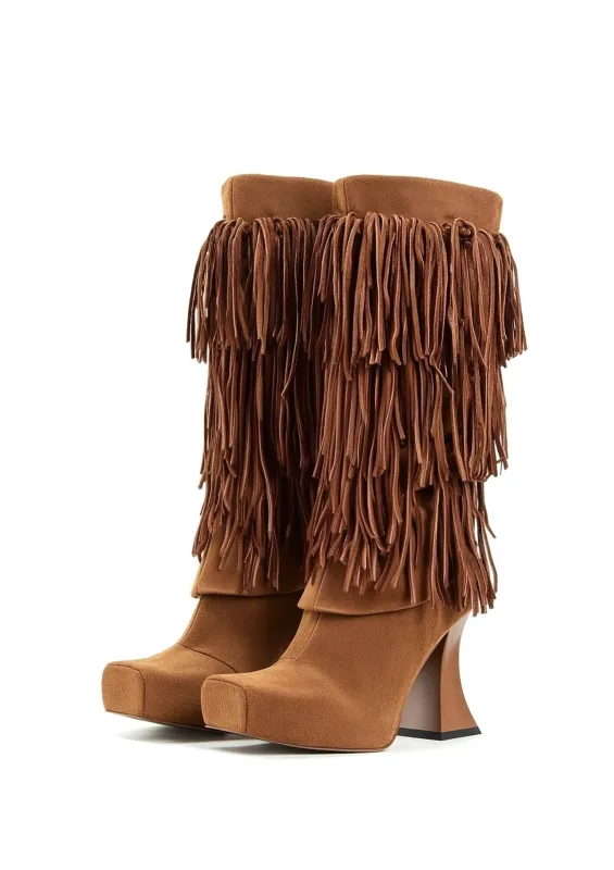 Reyna Tassels Square Toe Platform Knit Decoration Boots - Brown sold by JW PEI