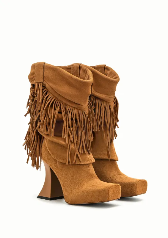 Reyna Tassels Square Toe Platform Knit Boots - Brown sold by JW PEI