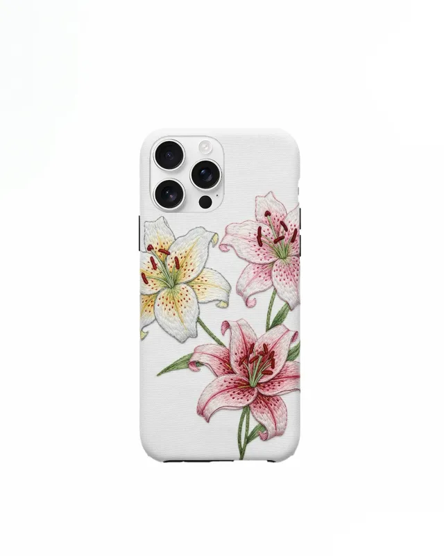 Embroidered Lily Illustration Phone Case – White sold by JW PEI