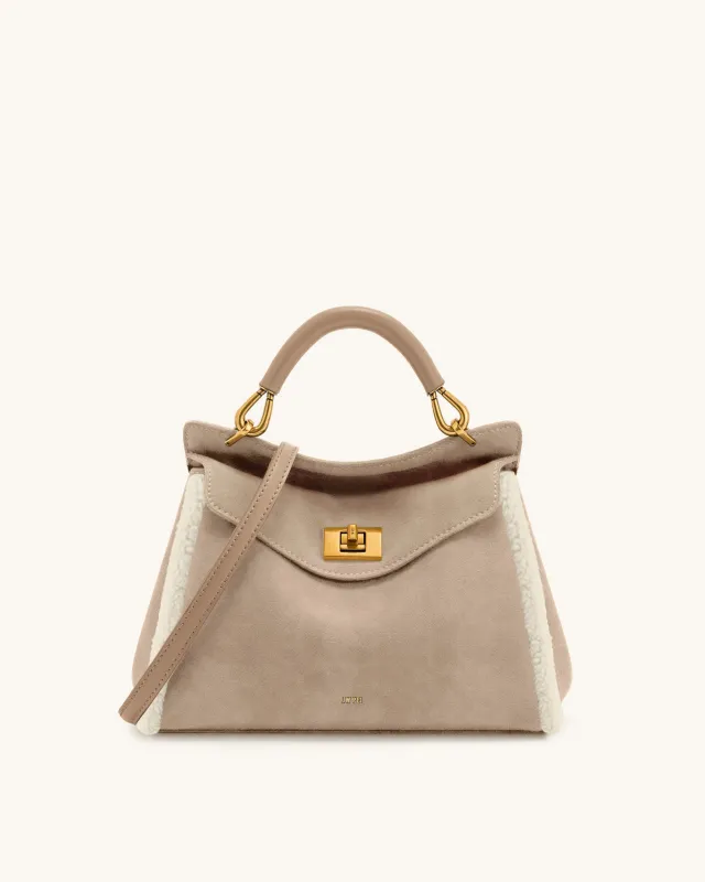 Lucia Classic Faux Suede Shearling Trim Top Handle Bag - Light Beige sold by JW PEI