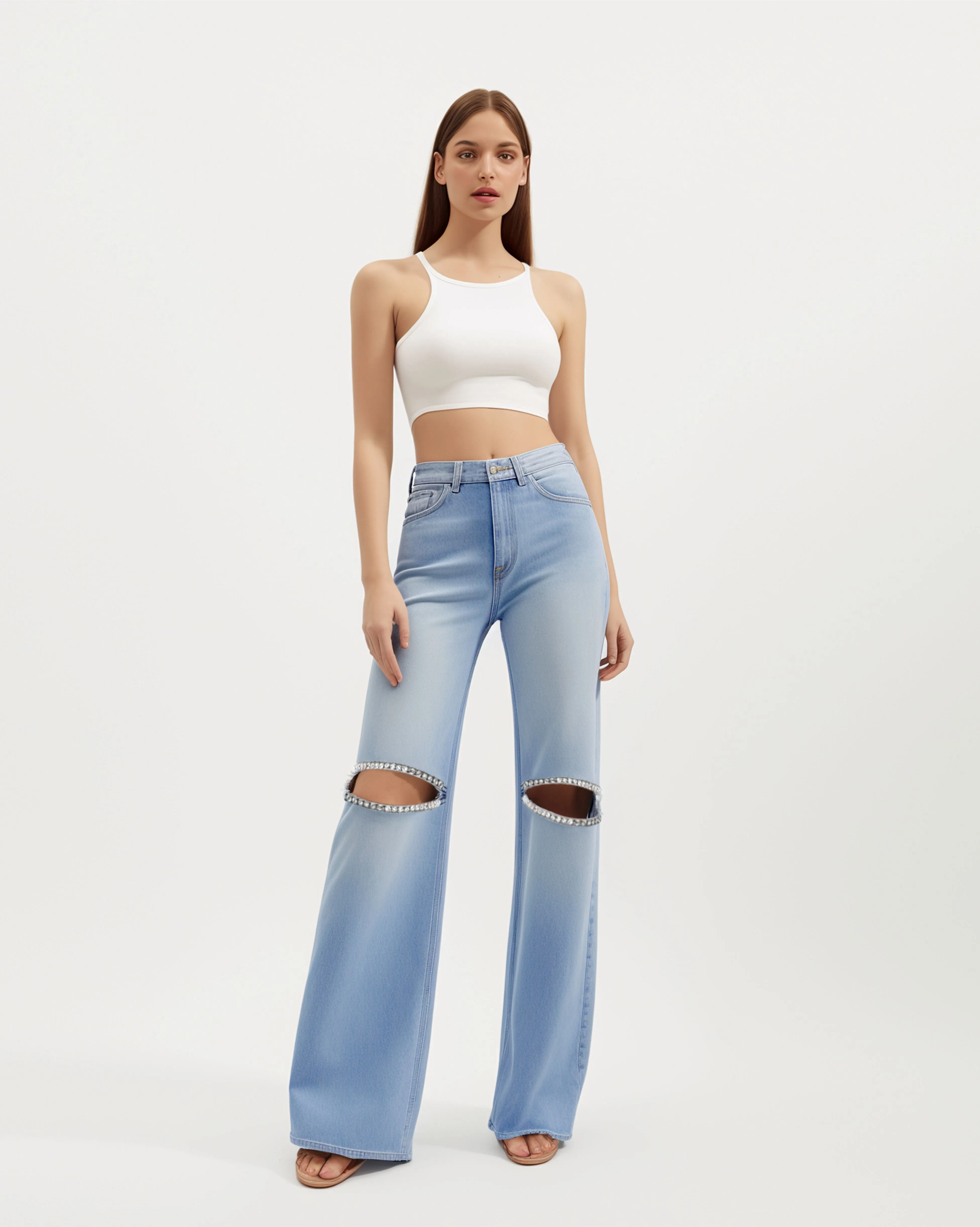 Denim Jeans with Cut-Outs - Light Blue sold by JW PEI