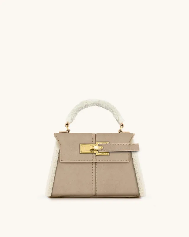 Elise Faux Suede Shearling Trim Top Handle Bag - Taupe sold by JW PEI