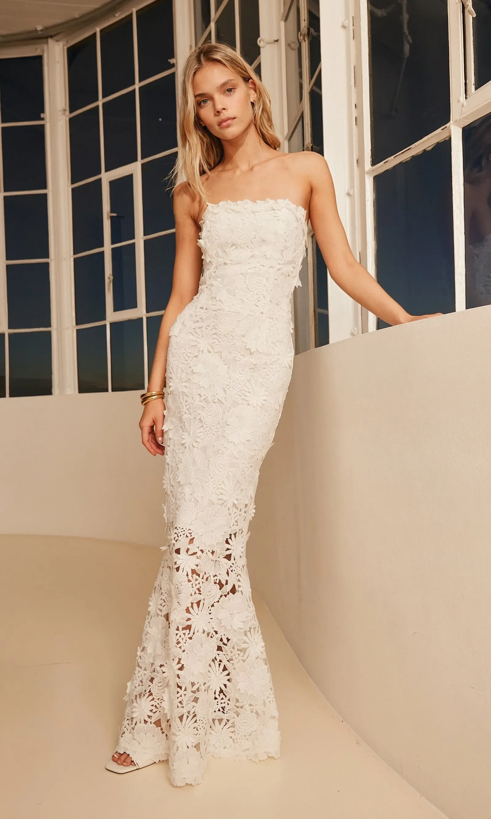 Floral Lace Strapless Gown – White sold by JW PEI