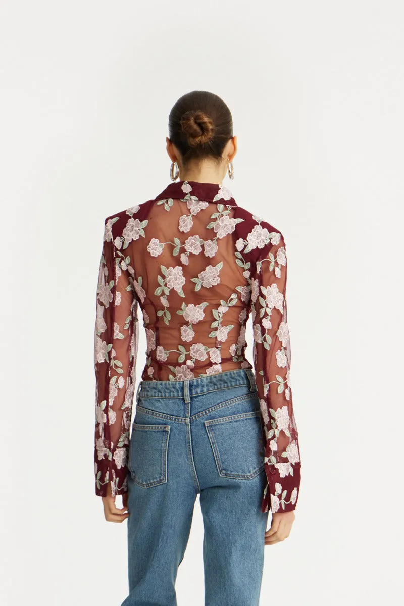 Sheer Embroidered Floral Shirt – Burgundy sold by JW PEI product image thumbnail 3
