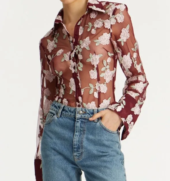 Sheer Embroidered Floral Shirt – Burgundy sold by JW PEI product image thumbnail 2