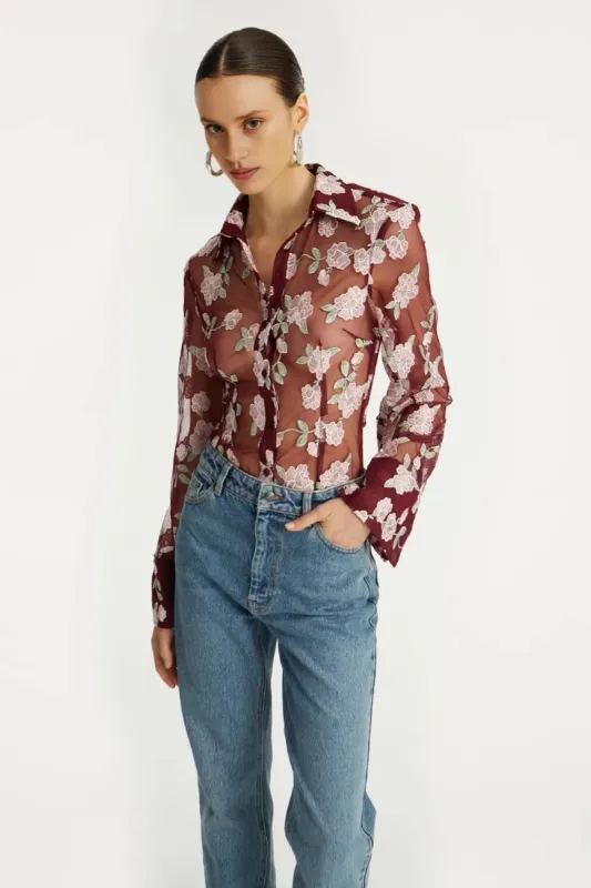 Sheer Embroidered Floral Shirt – Burgundy sold by JW PEI