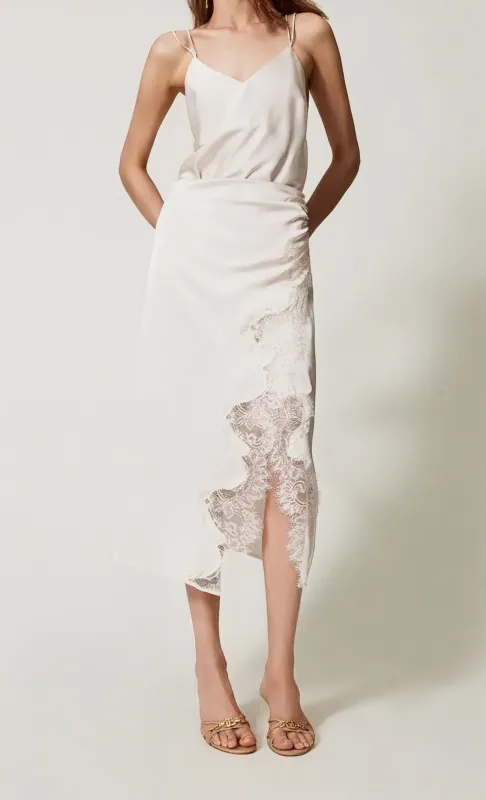 Lace-Trimmed Satin Midi Skirt – White sold by JW PEI