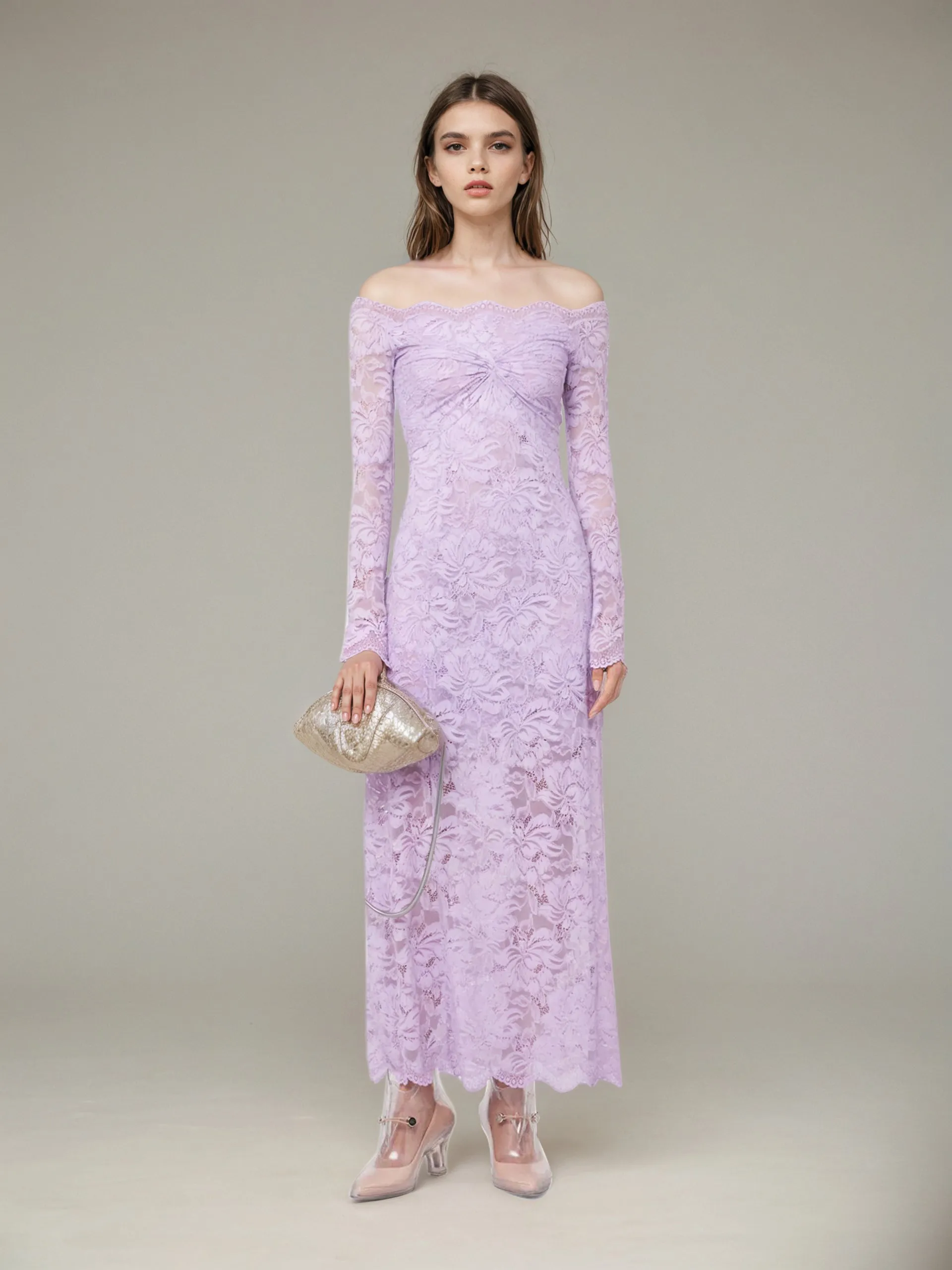 Lilac Lace Off Shoulder Dress sold by JW PEI