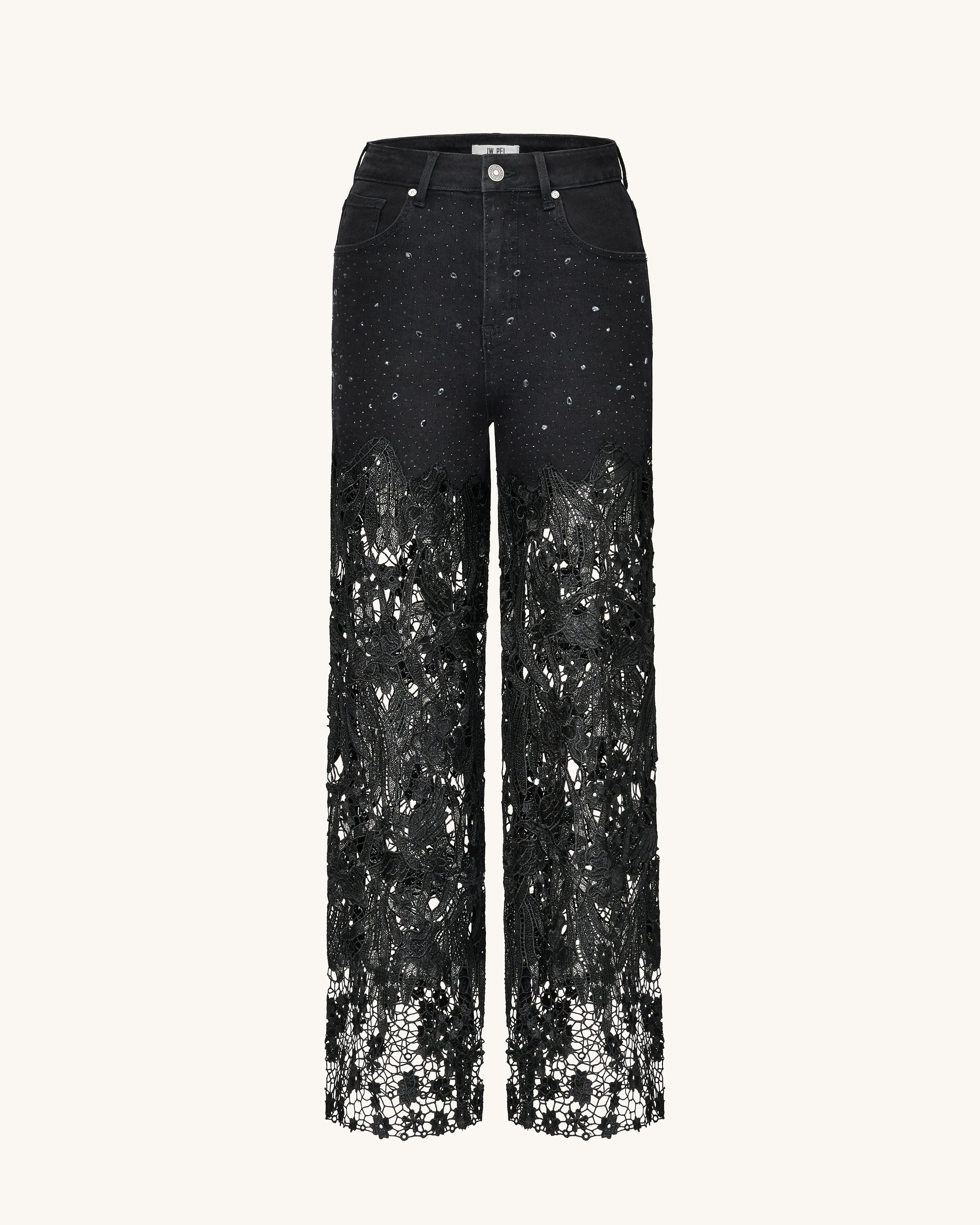 Embroidery High Rise Wide Leg Lace Denim Jeans With Rhinestone - Black sold by JW PEI