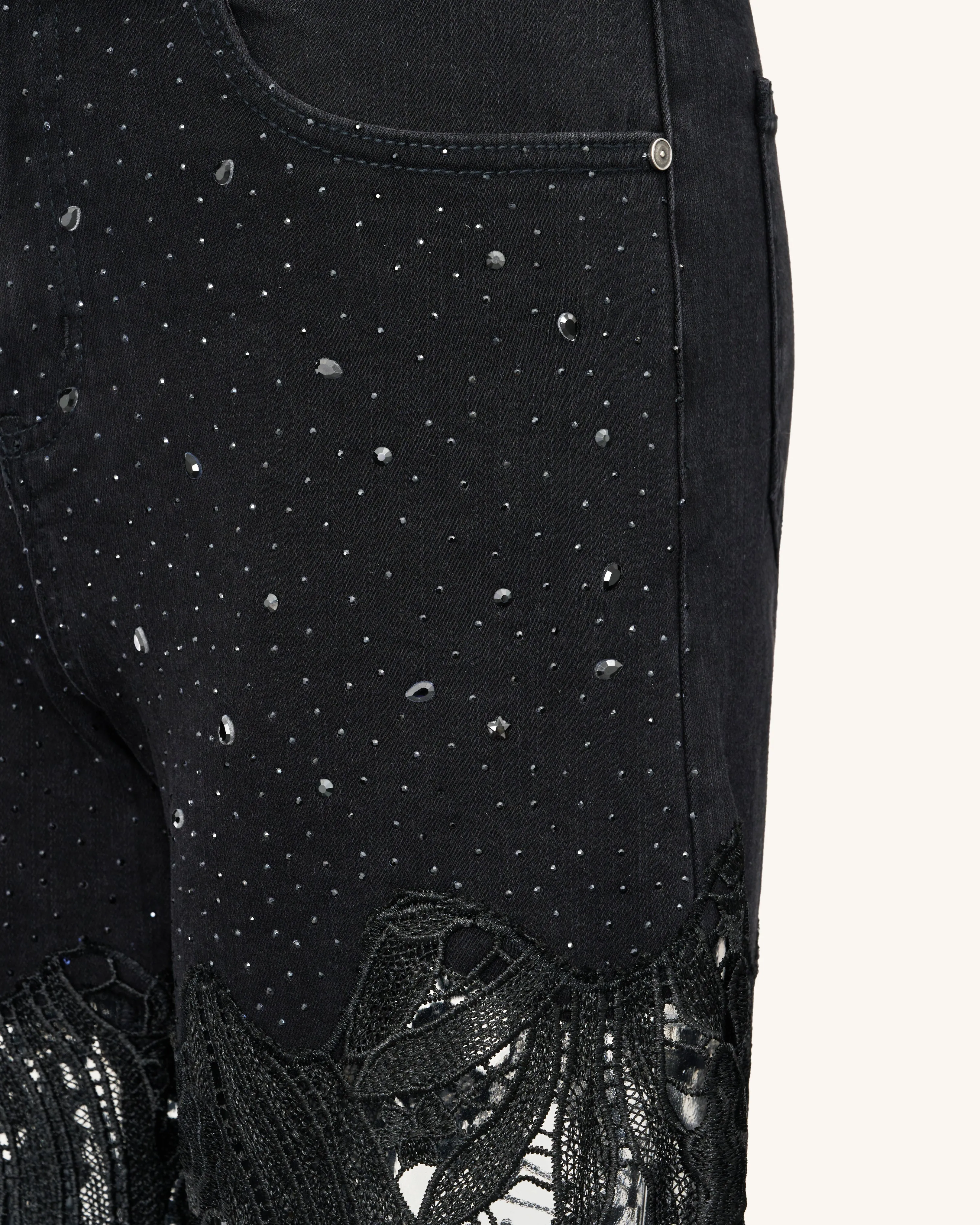 Embroidery High Rise Wide Leg Lace Denim Jeans With Rhinestone - Black sold by JW PEI product image thumbnail 5