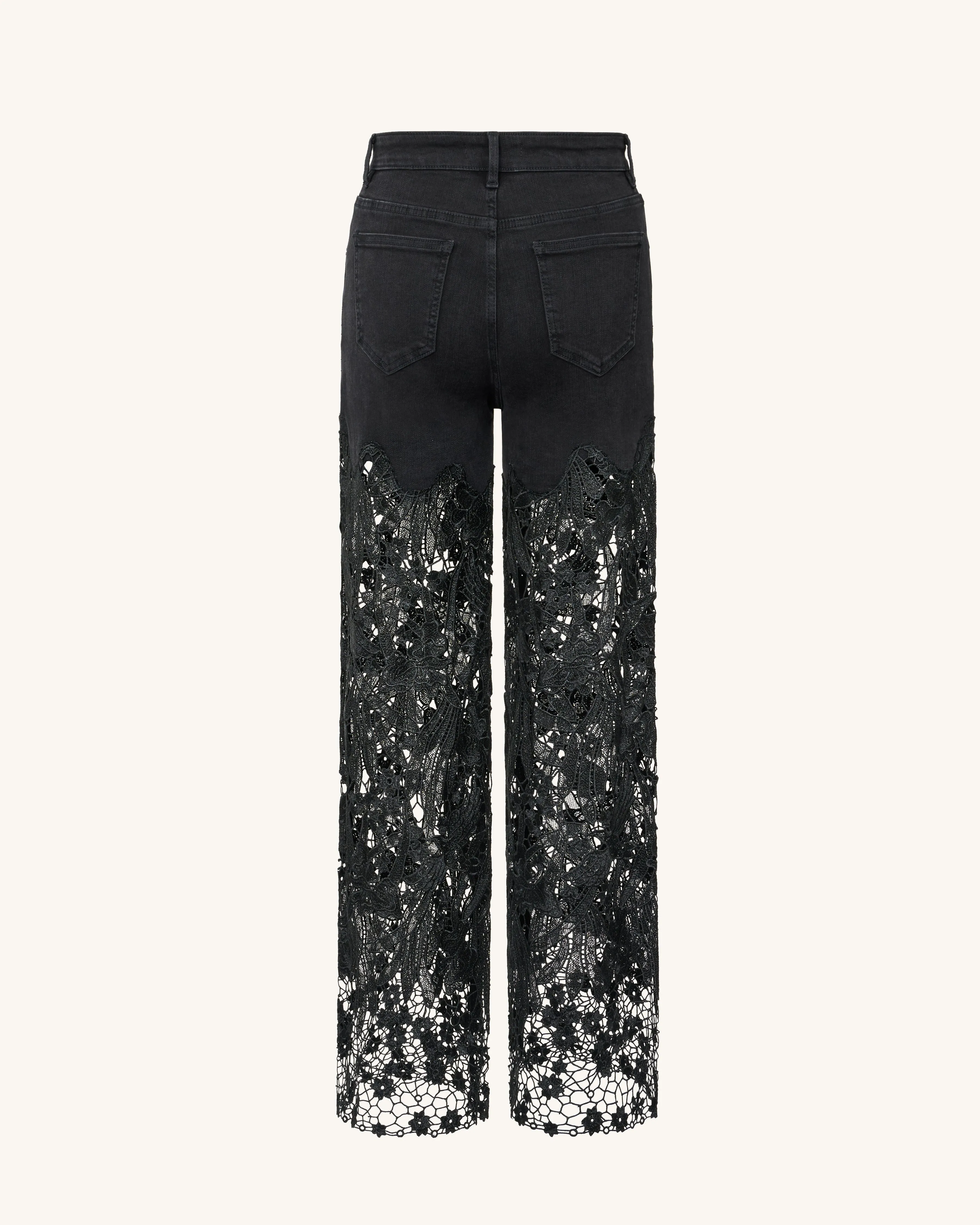 Embroidery High Rise Wide Leg Lace Denim Jeans With Rhinestone - Black sold by JW PEI product image thumbnail 4