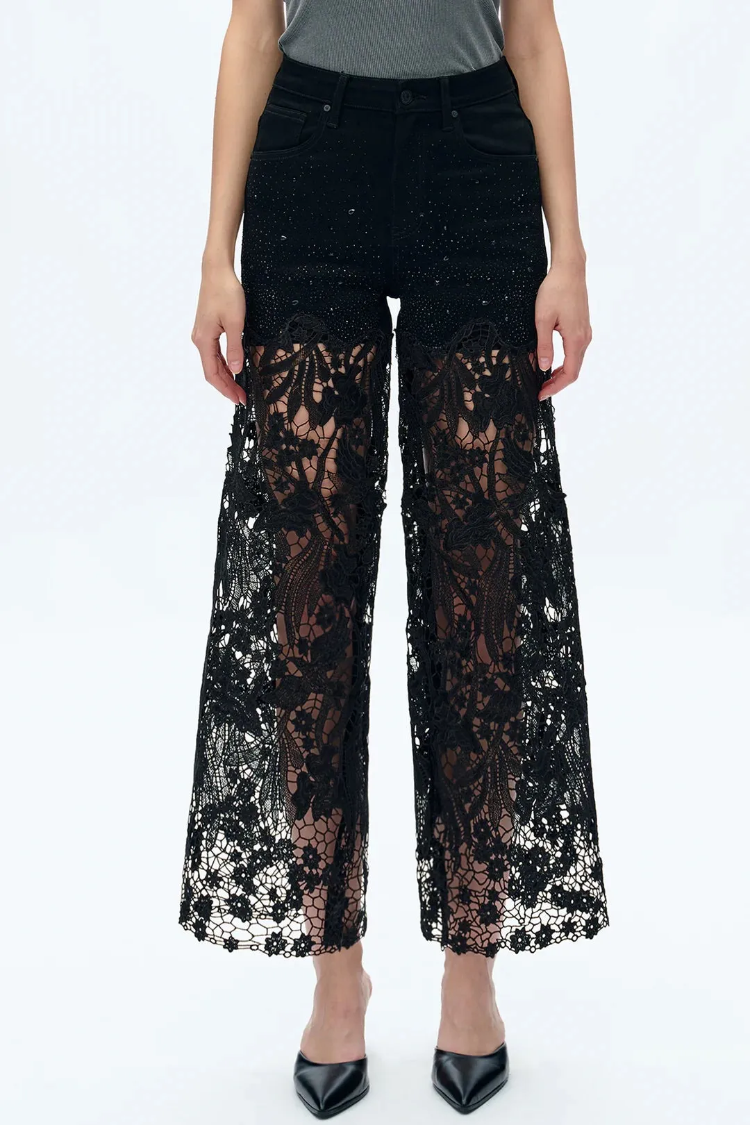 Embroidery High Rise Wide Leg Lace Denim Jeans With Rhinestone - Black sold by JW PEI product image thumbnail 2