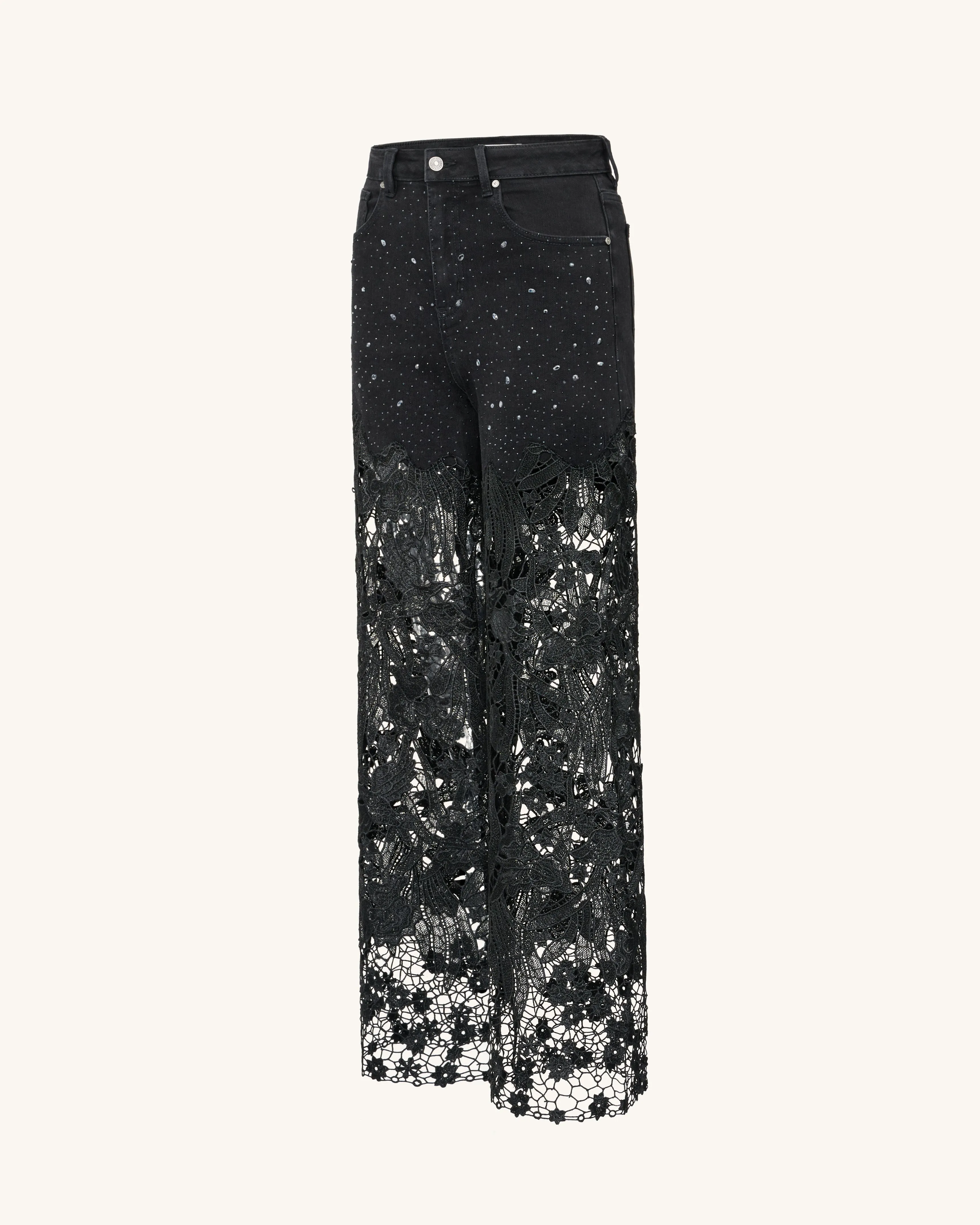 Embroidery High Rise Wide Leg Lace Denim Jeans With Rhinestone - Black sold by JW PEI product image thumbnail 3