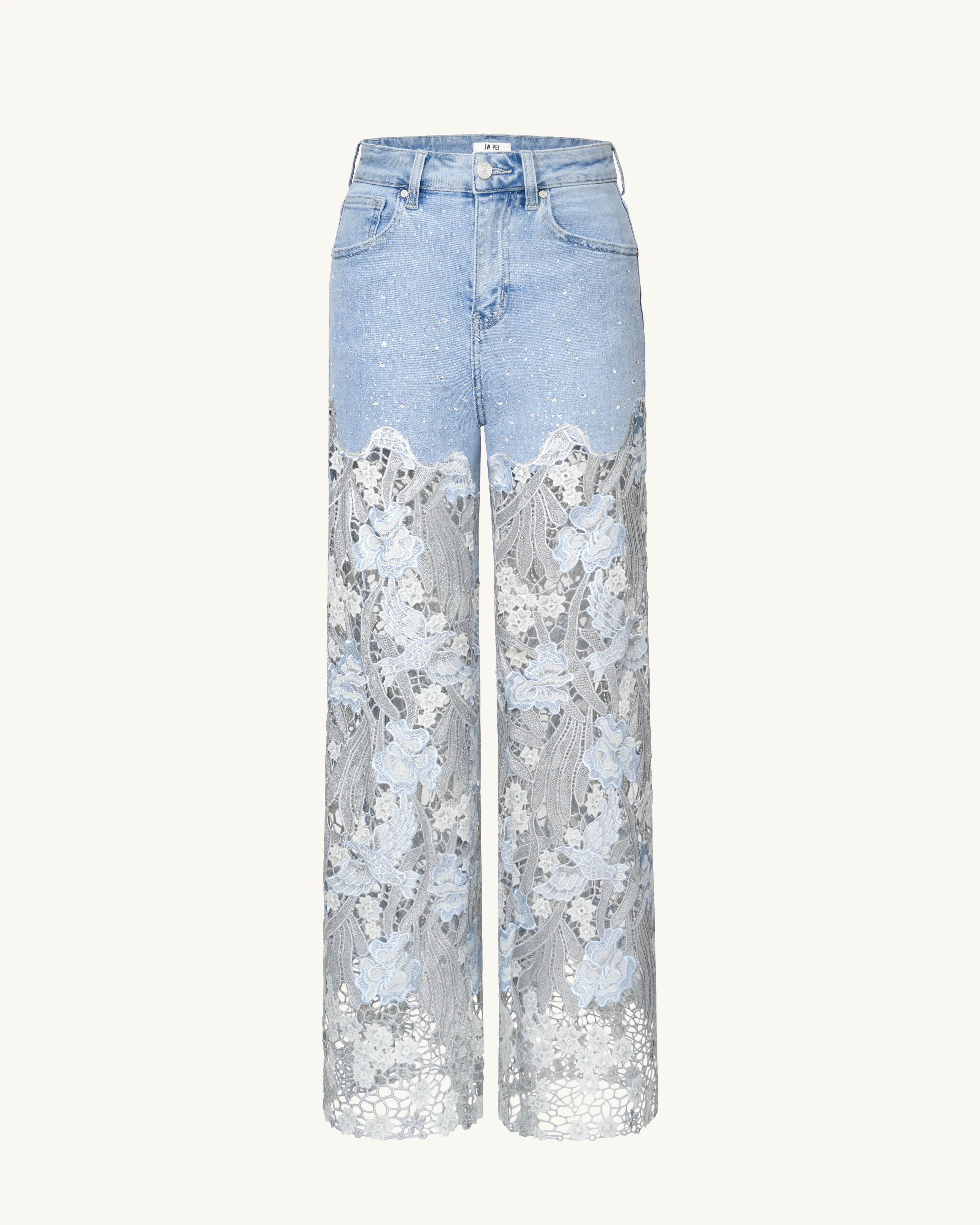 Embroidery High Rise Wide Leg Lace Denim Jeans With Rhinestone - Light Blue sold by JW PEI