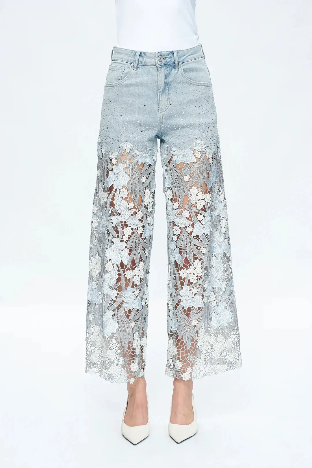 Embroidery High Rise Wide Leg Lace Denim Jeans With Rhinestone - Light Blue sold by JW PEI product image thumbnail 2