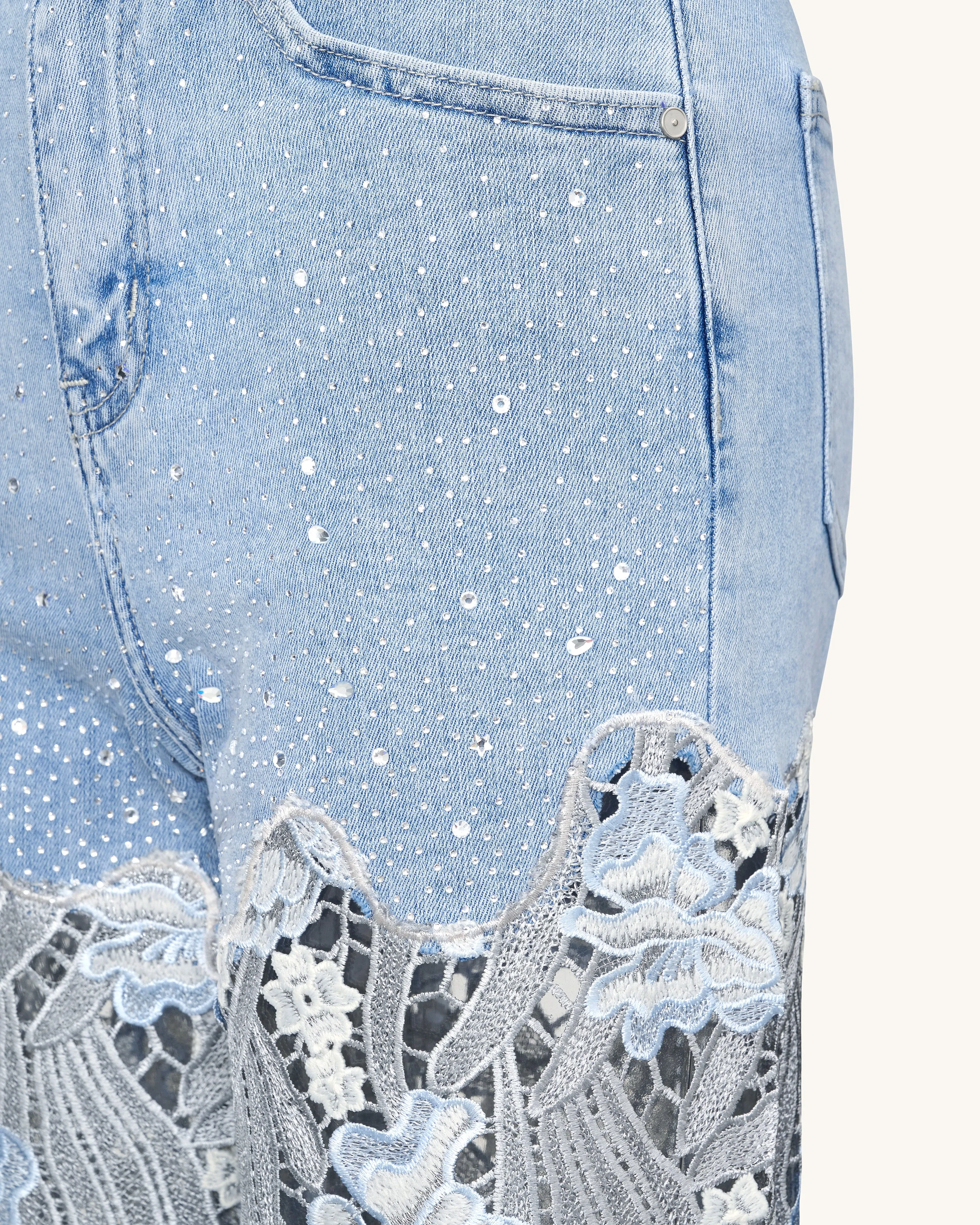 Embroidery High Rise Wide Leg Lace Denim Jeans With Rhinestone - Light Blue sold by JW PEI product image thumbnail 5