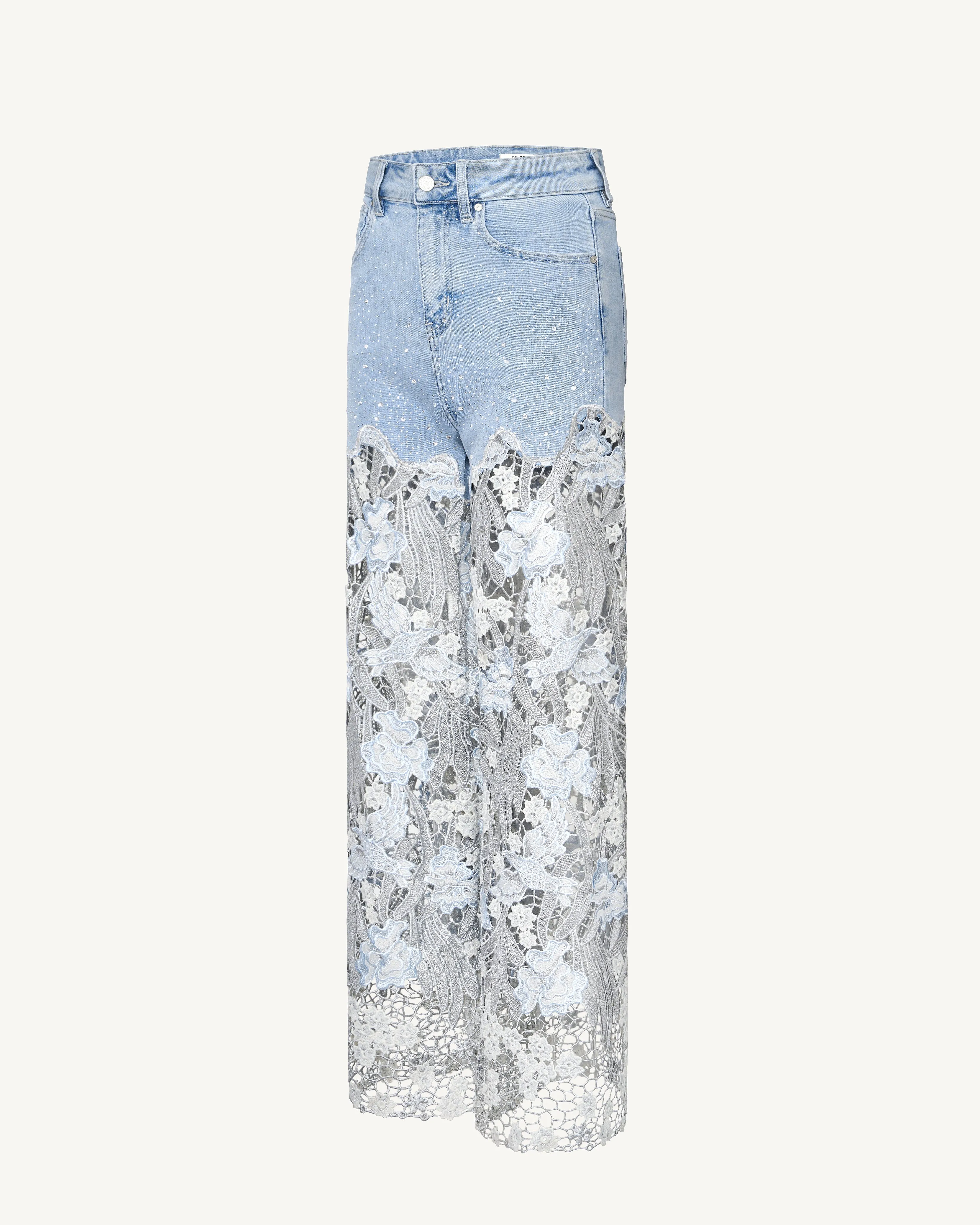 Embroidery High Rise Wide Leg Lace Denim Jeans With Rhinestone - Light Blue sold by JW PEI product image thumbnail 3