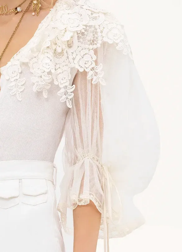 Floral Lace Puff Sleeve Bodysuit – White sold by JW PEI product image thumbnail 3
