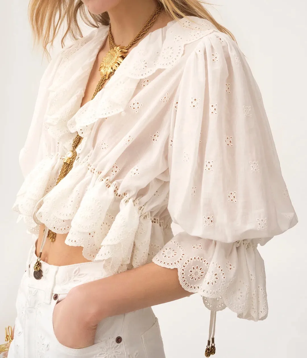 Eyelet Ruffle Crop Blouse – White sold by JW PEI product image thumbnail 2