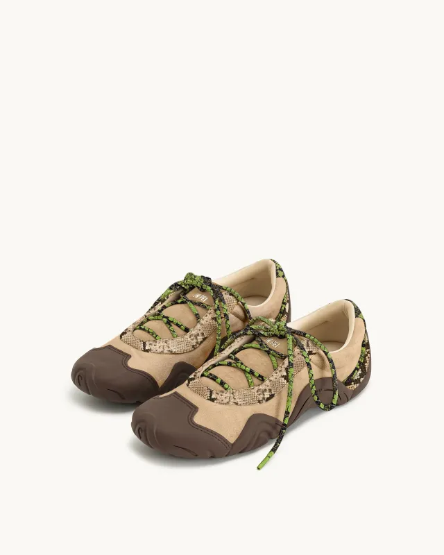 Caitlin Faux Suede Lace-up Ballerina Sneakers - Faux Snake Trim Light Brown sold by JW PEI