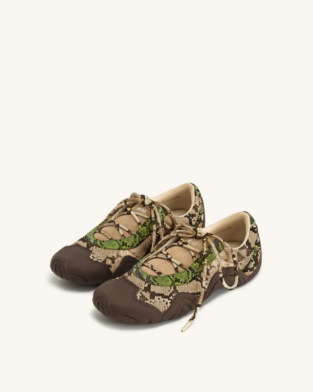 Caitlin Snake-Embossed Lace-up Ballerina Sneakers - Green & Light Brown sold by JW PEI