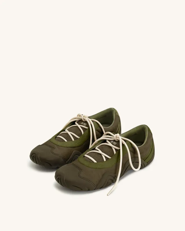 Caitlin Faux Suede Lace-up Ballerina Sneakers - Army Olive sold by JW PEI