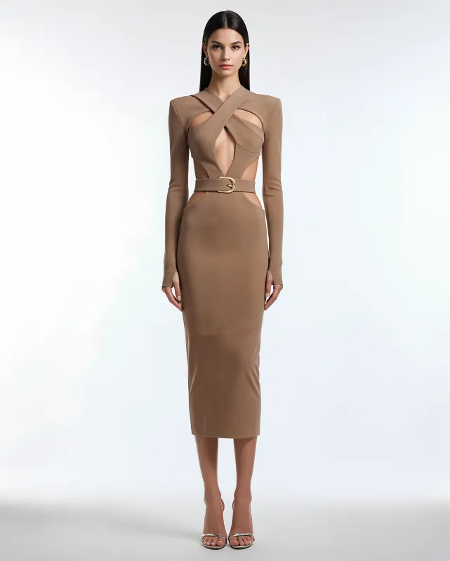 Crisscross Cut-Out Midi Dress – Brown made by JW PEI