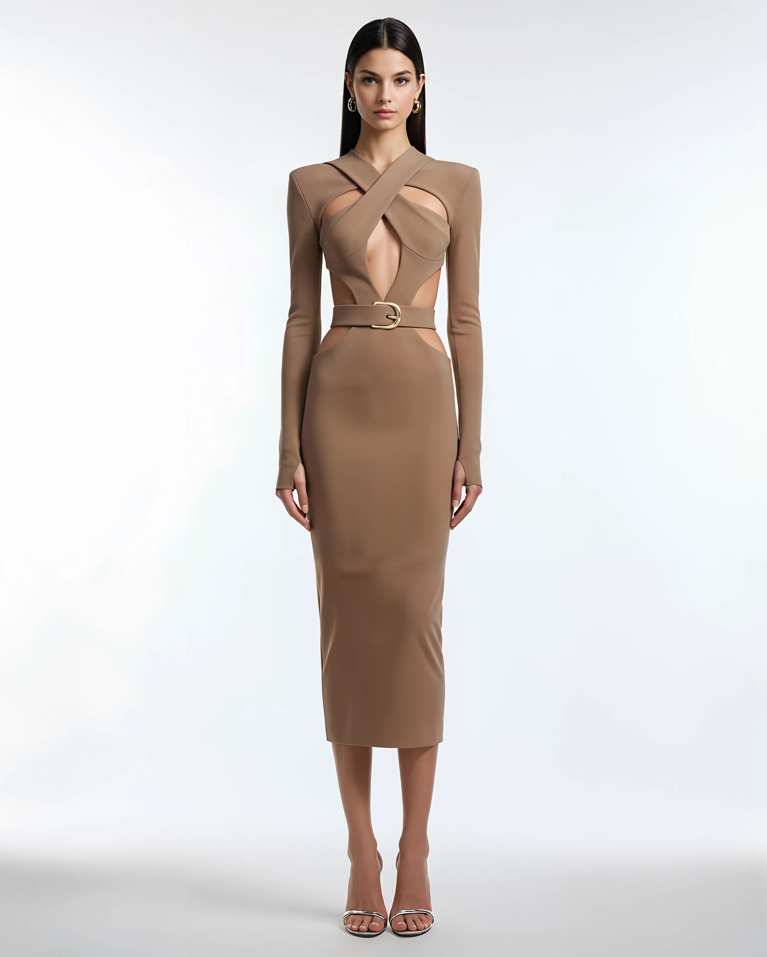 Crisscross Cut-Out Midi Dress – Brown sold by JW PEI