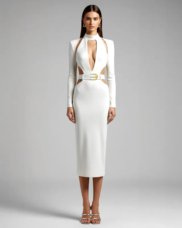 Cutout Belted Midi Dress – White sold by JW PEI
