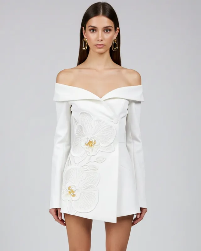Orchid Appliqué Off Shoulder Dress – White sold by JW PEI