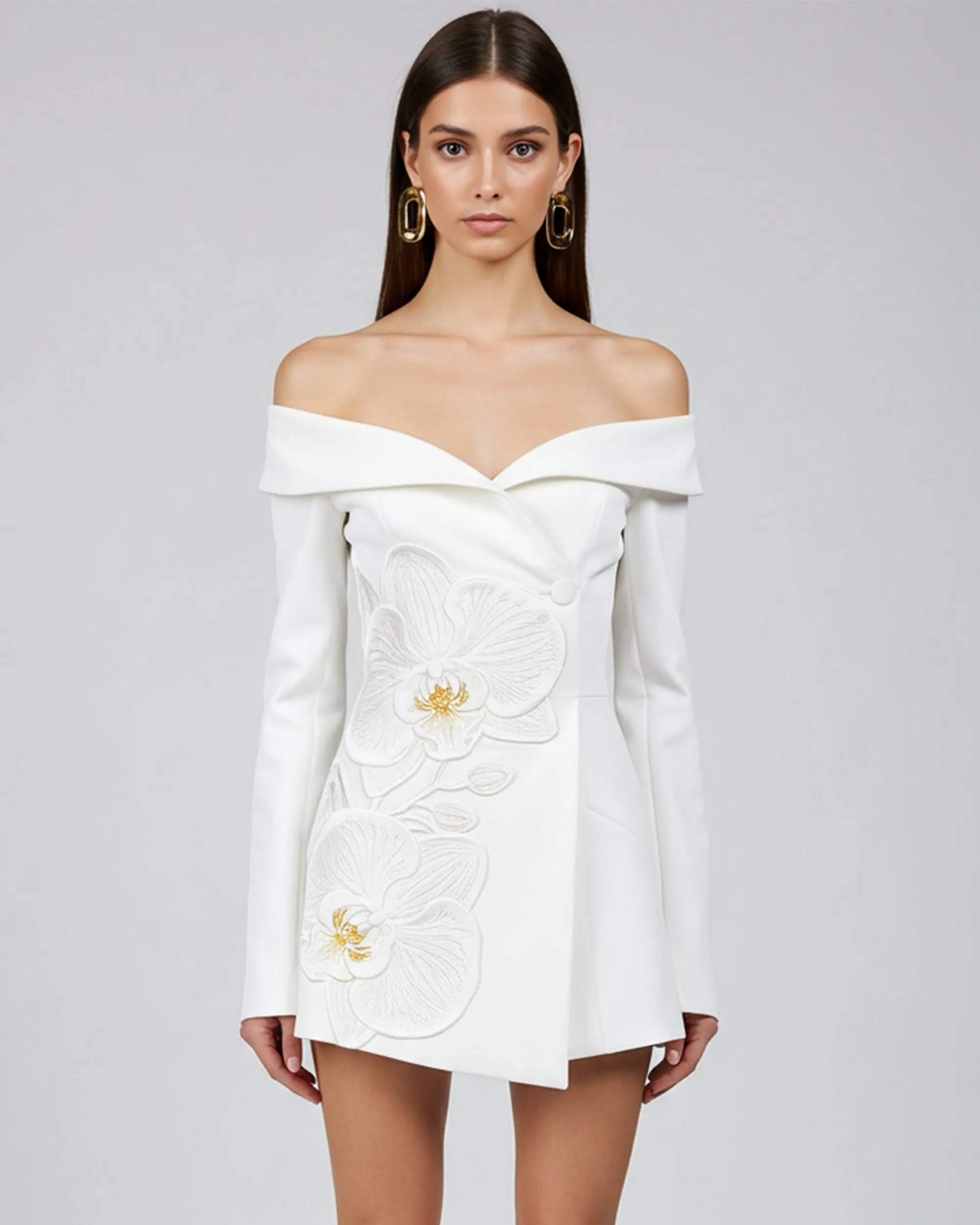 Orchid Appliqué Off Shoulder Dress – White sold by JW PEI