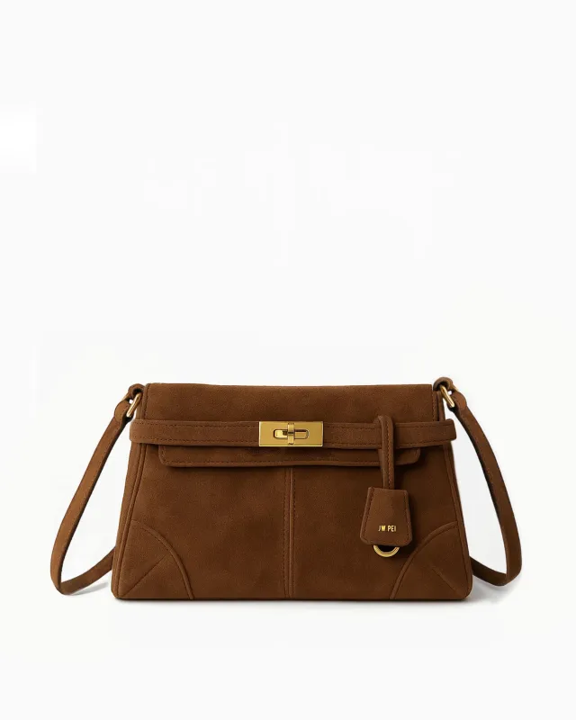 Tab Lock Faux Suede Crossbody Bag - Brown sold by JW PEI
