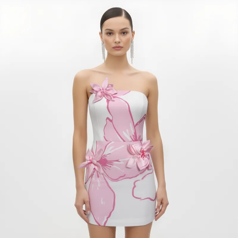 Mini Dress with Pink Floral Appliqués - White/Pink sold by JW PEI