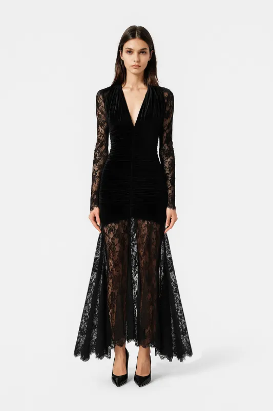Ruched Velvet Lace Dress – Black sold by JW PEI