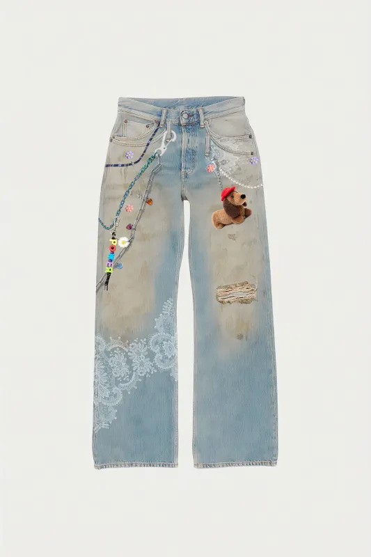 Decorative Washed Digital Print Denim Pants – Blue sold by JW PEI