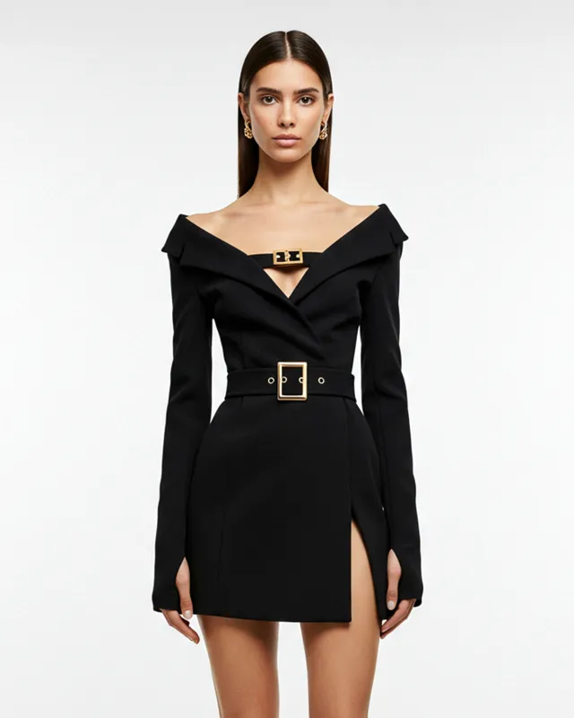Off Shoulder Belted Mini Dress – Black sold by JW PEI