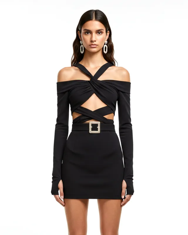 Crisscross Cutout Mini Dress – Black sold by JW PEI