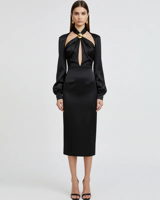 Twist Detail Satin Dress – Black made by JW PEI