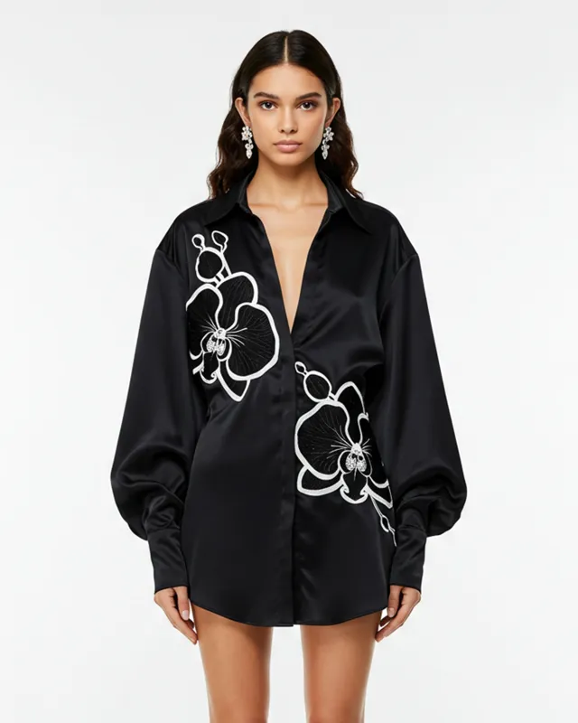 Embroidered Orchid Floral Shirt Dress – Black sold by JW PEI