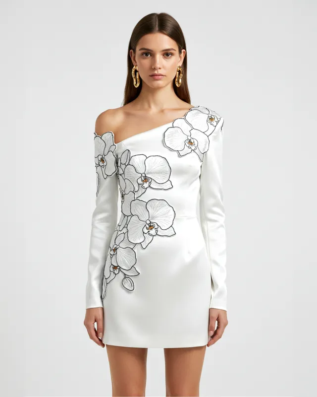 Orchid Appliqué Asymmetric Mini Dress – White sold by JW PEI