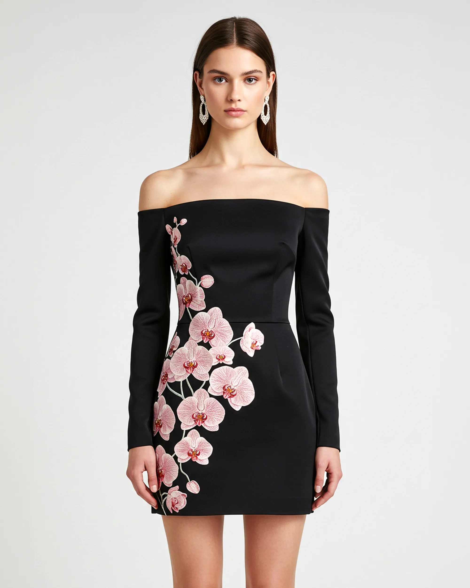 Orchid Floral Appliqué Off-Shoulder Mini Dress - Black sold by JW PEI