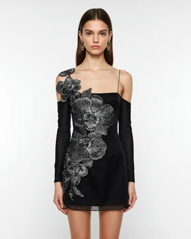 Orchid Floral Appliqué Off Shoulder Mini Dress - Black sold by JW PEI