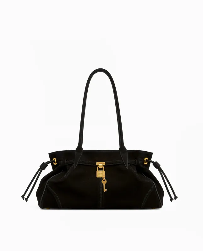 Luna Faux Suede Drawstring Shoulder Bag - Black sold by JW PEI