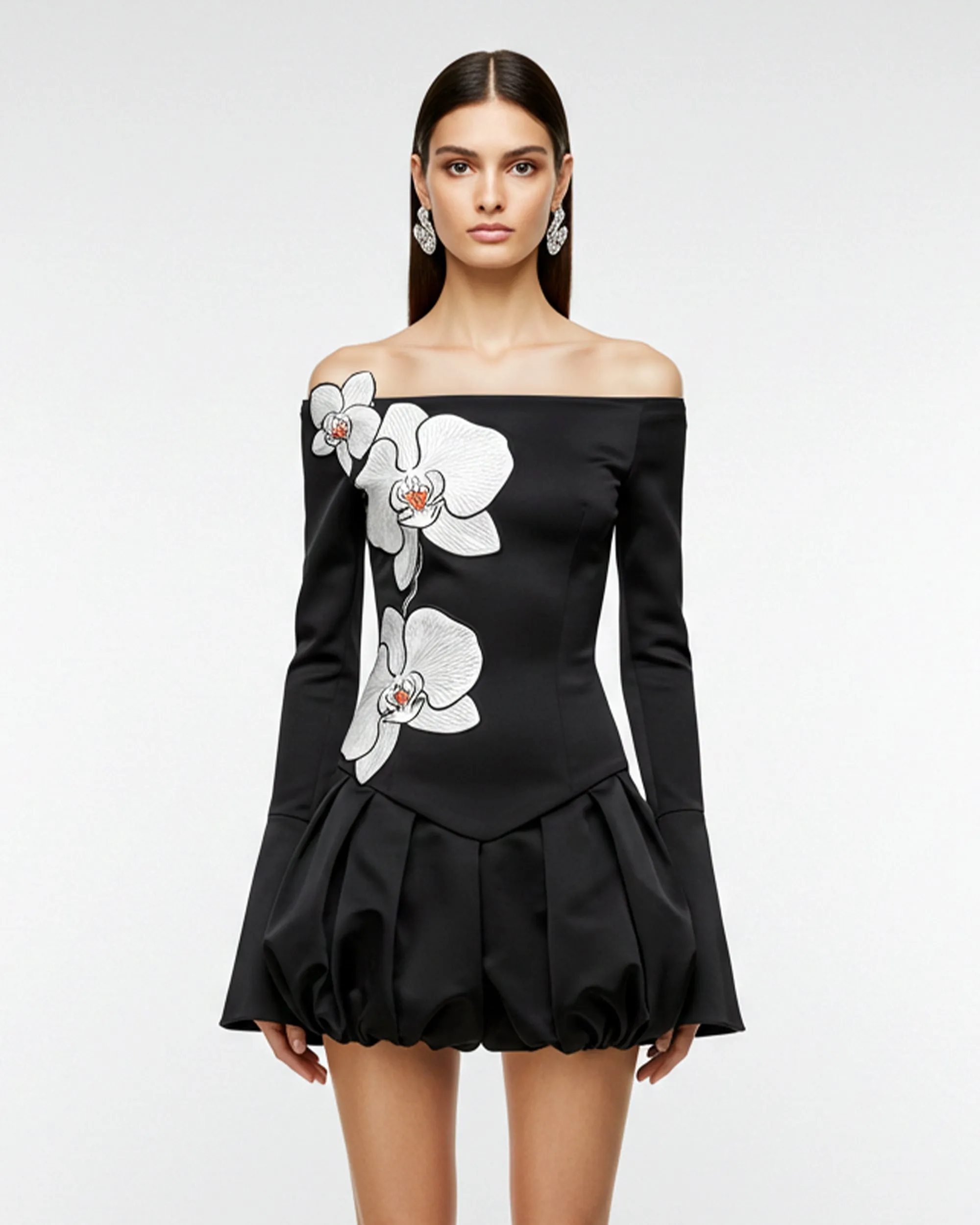 Floral Appliqué Off-Shoulder Dress – Black sold by JW PEI