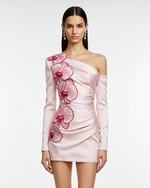 Orchid Embroidery Appliqué Asymmetrical Mini Dress – Pink sold by JW PEI