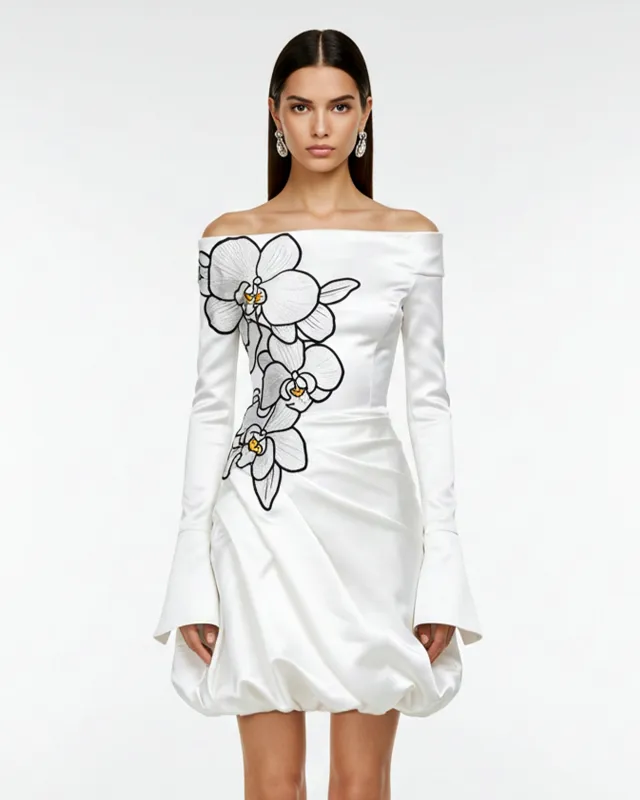 Orchid Embroidery Appliqué Off Shoulder Dress – White sold by JW PEI